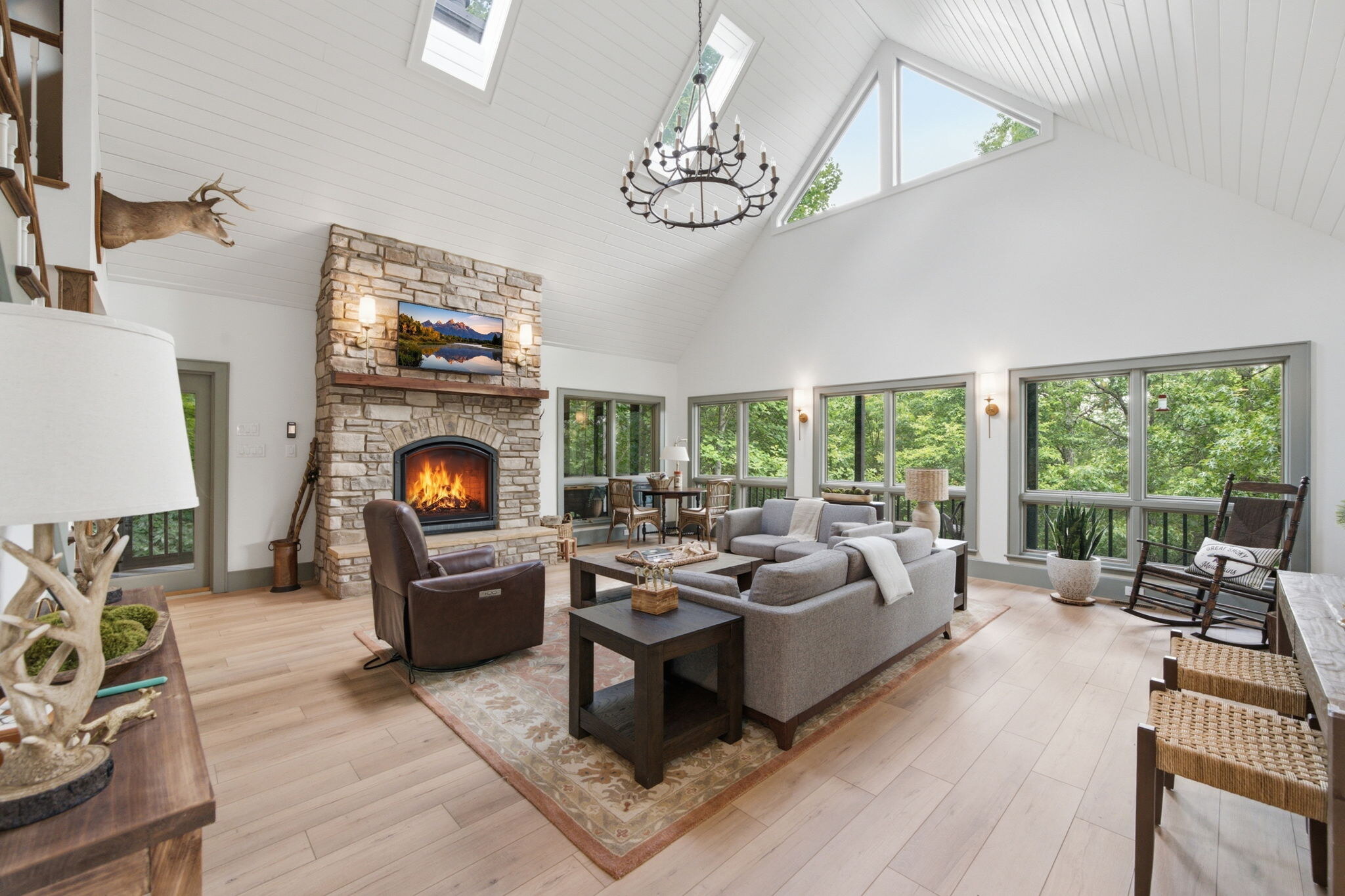 Fox Hollow grand room with stone fireplace